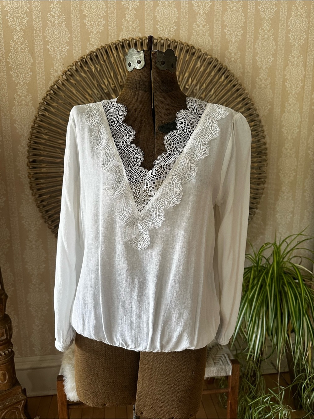 Express White Lace V-Neck Long Sleeve Blouse